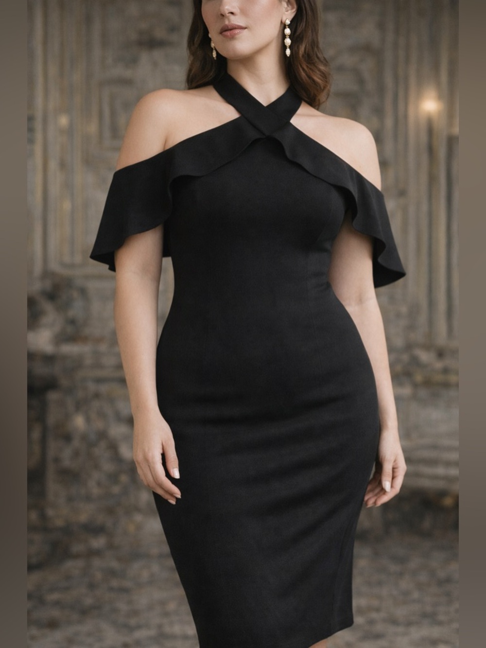 RACHEL Rachel Roy Cold Shoulder Ruffle Halter Black Midi Dress – Size 12